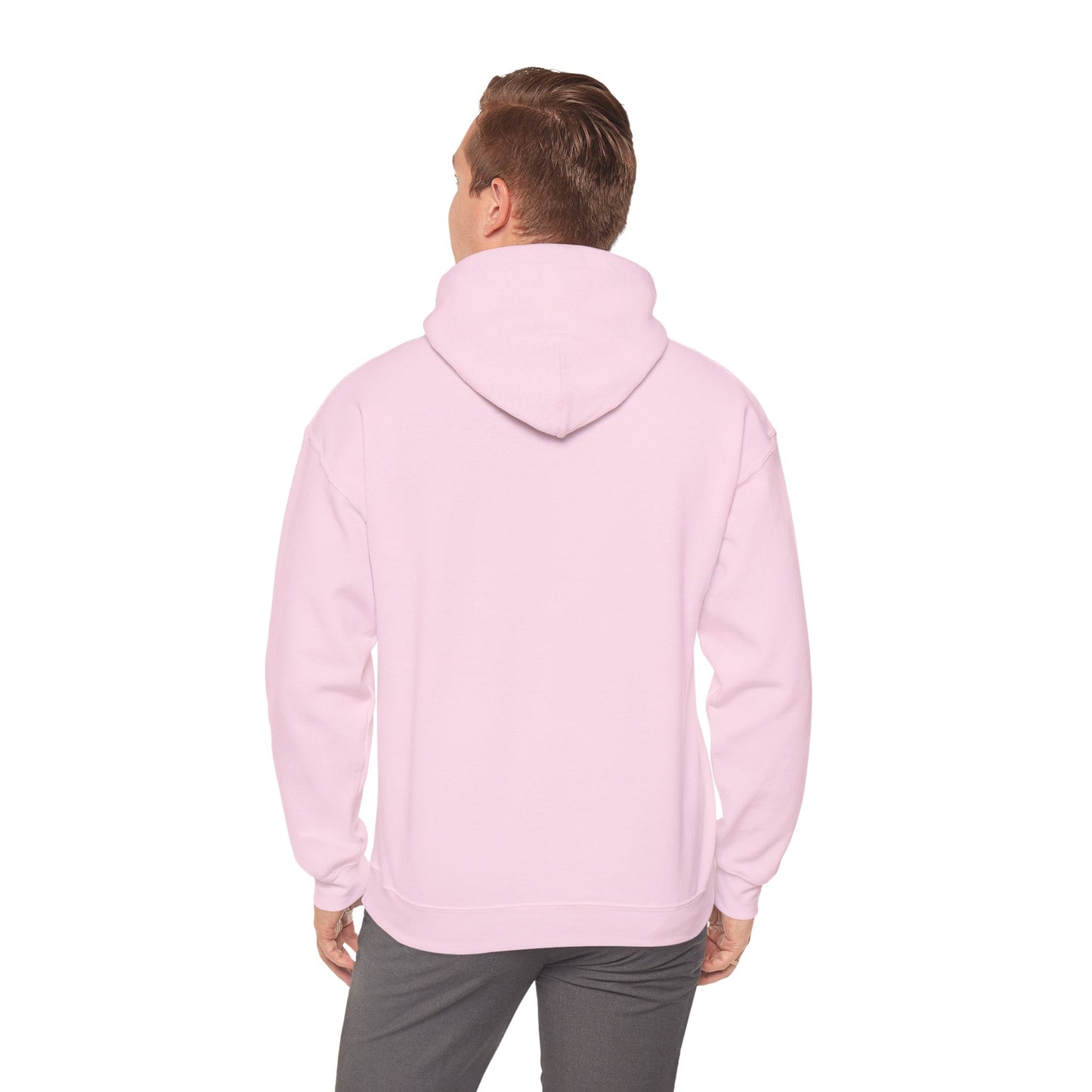 Man wearing light pink hoodie - back view