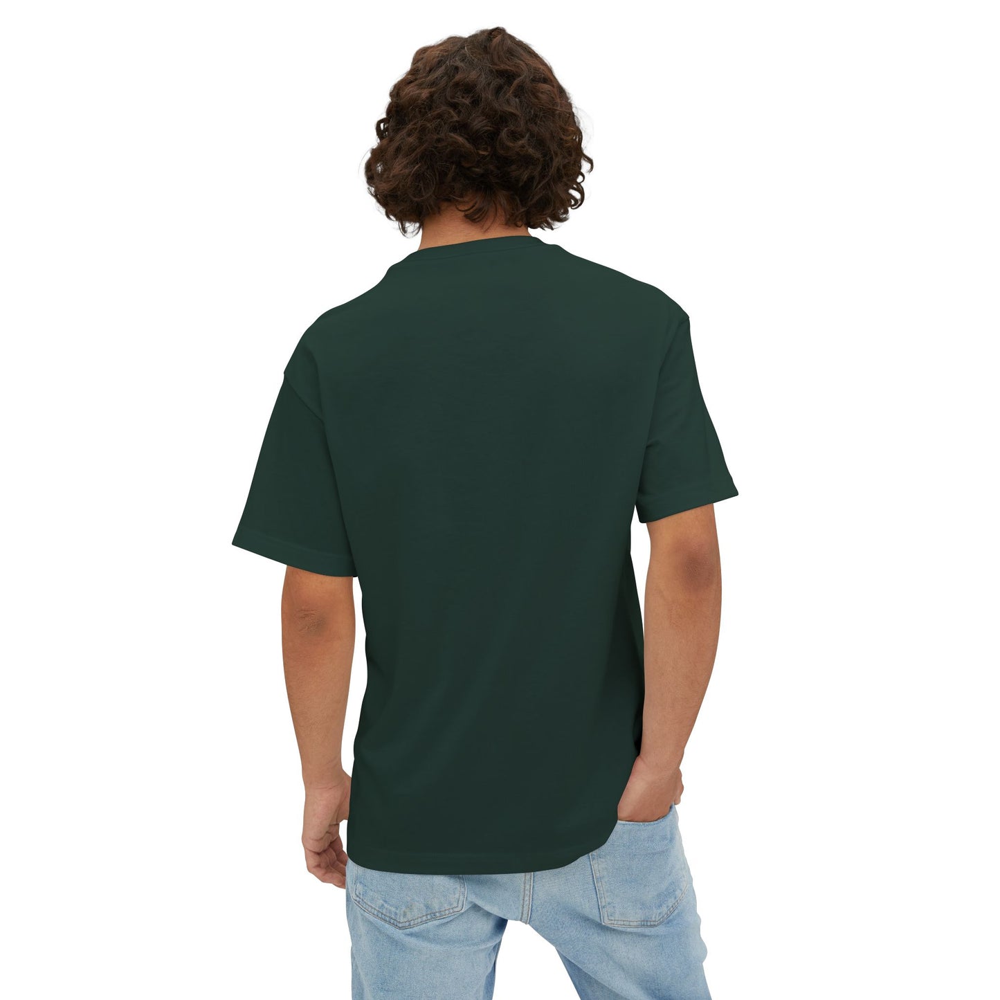 Man wearing forest green tshirt – back view.