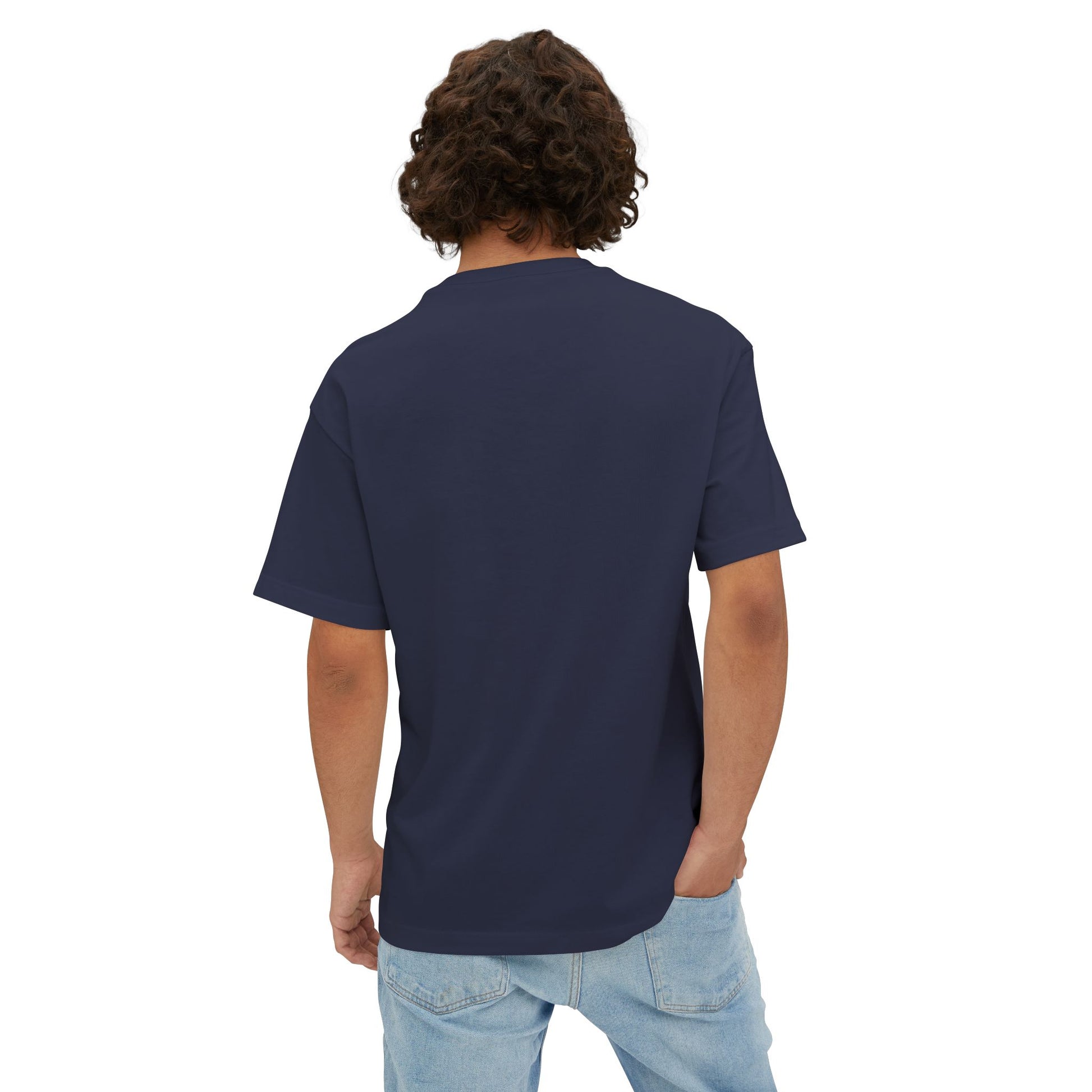 Man wearing navy tshirt – back view.