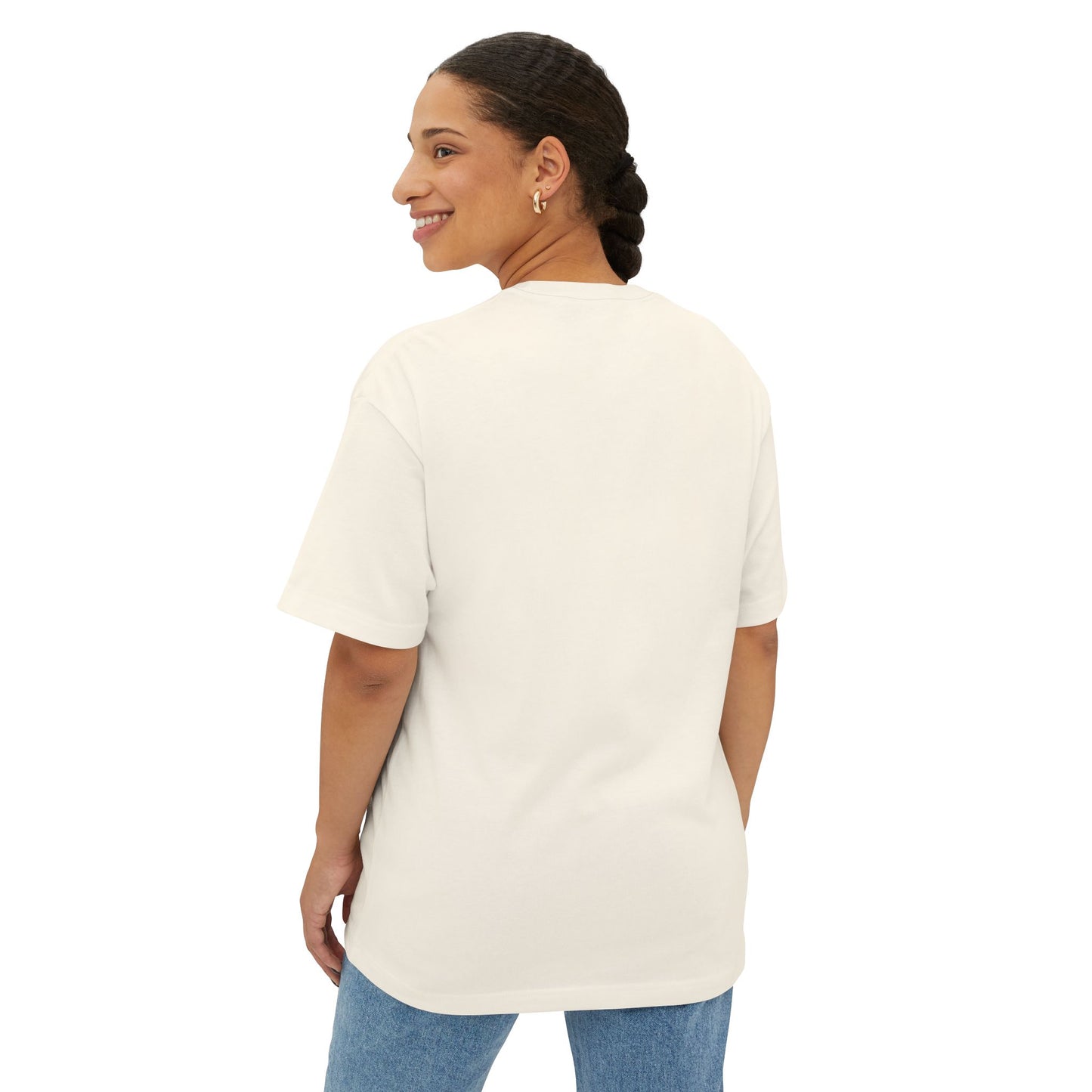 Woman wearing natural tshirt – back view.