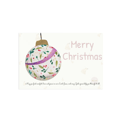 Off-white Christmas postcard with a watercolour Christmas ball, little bears, a little prayer and eKuumeArt logo.