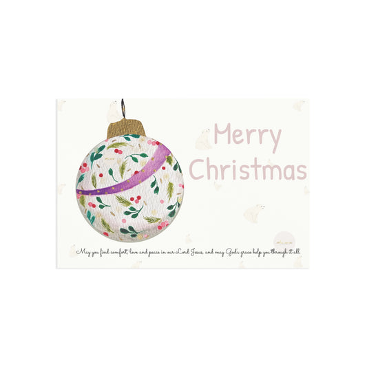 6x4" off-white Christmas postcard featuring hand-painted watercolour Christmas ball, little bears, "Merry Christmas" text and a little prayer from eKuumeArt to you
