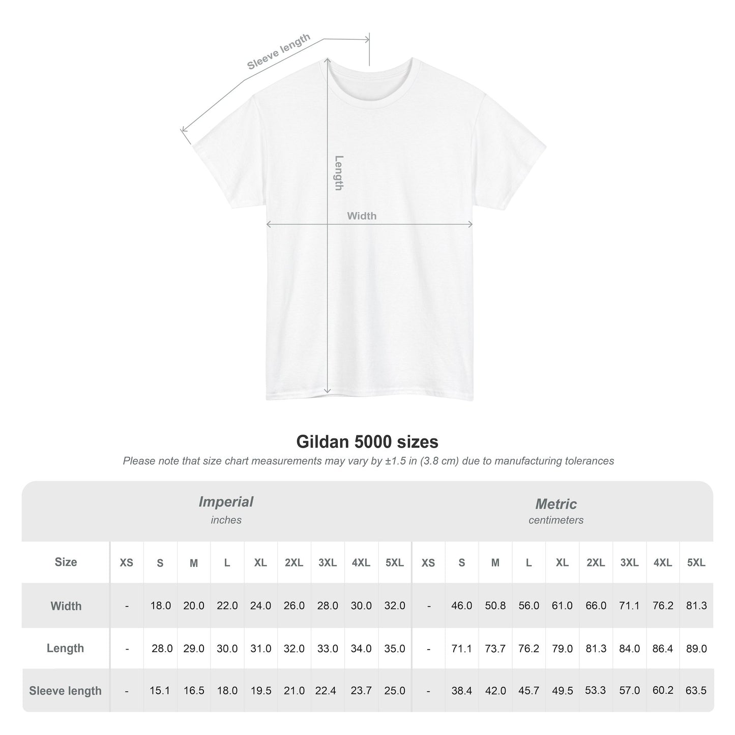 White t-shirt displayed with size guide chart in both inches and centimeters.