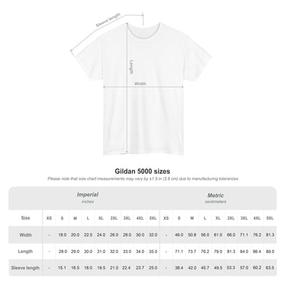 White t-shirt displayed with size guide chart in both inches and centimeters.