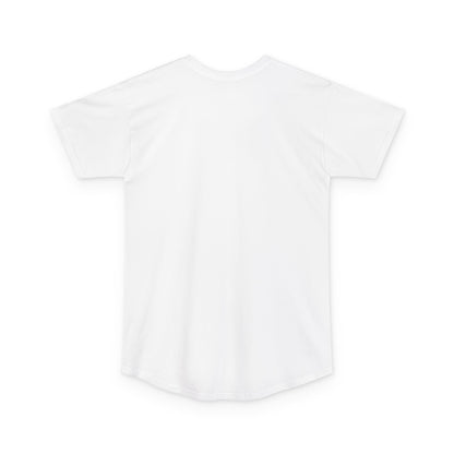 White long body urban tee with rounded back hem - back view.