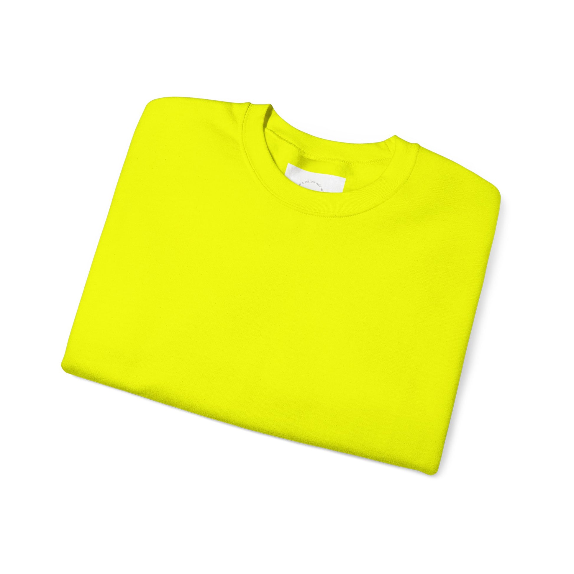 Safety Green crewneck sweatshirt, folded with a peek of eKuumeArt label