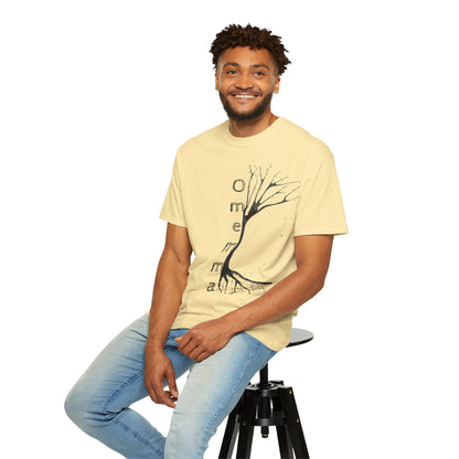 Man seated on stool wearing banana tshirt with hand-drawn tree, 'Omemma' text and eKuumeArt logo on torso.