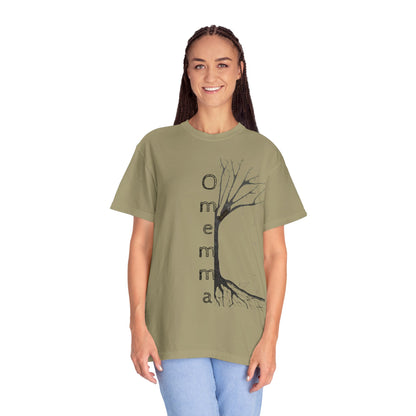 Woman wearing khaki tshirt with hand-drawn tree, 'Omemma' text and eKuumeArt logo on torso.