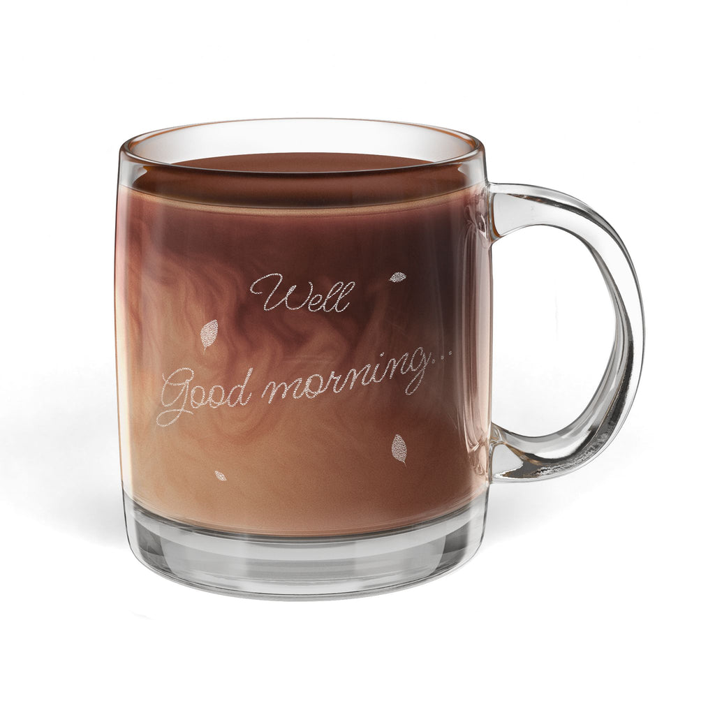 Clear coffee mug with chocolate caramel latte and good morning text on it | eKuumeArt