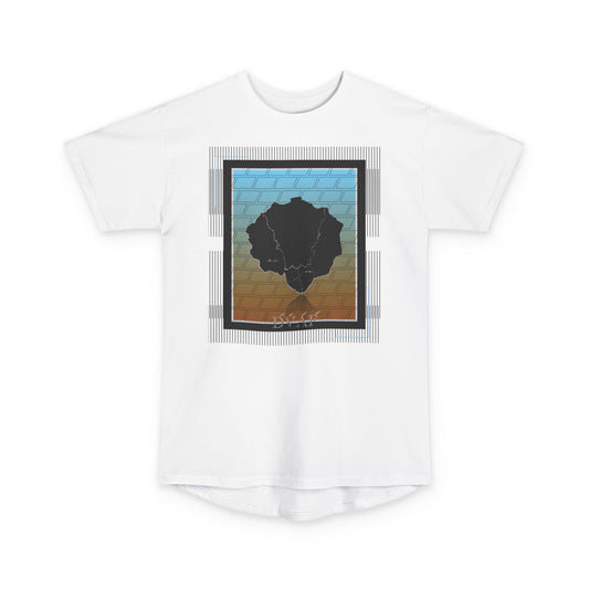 White long body tee adorned with hand-drawn Afro Nature art and 'DVAF (dream, value, aspire, forgive)' text in earthy tones, eKuumeArt logo and geometric lines