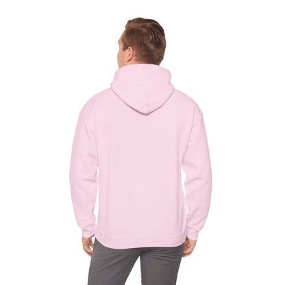 Man wearing light pink hoodie – back view.