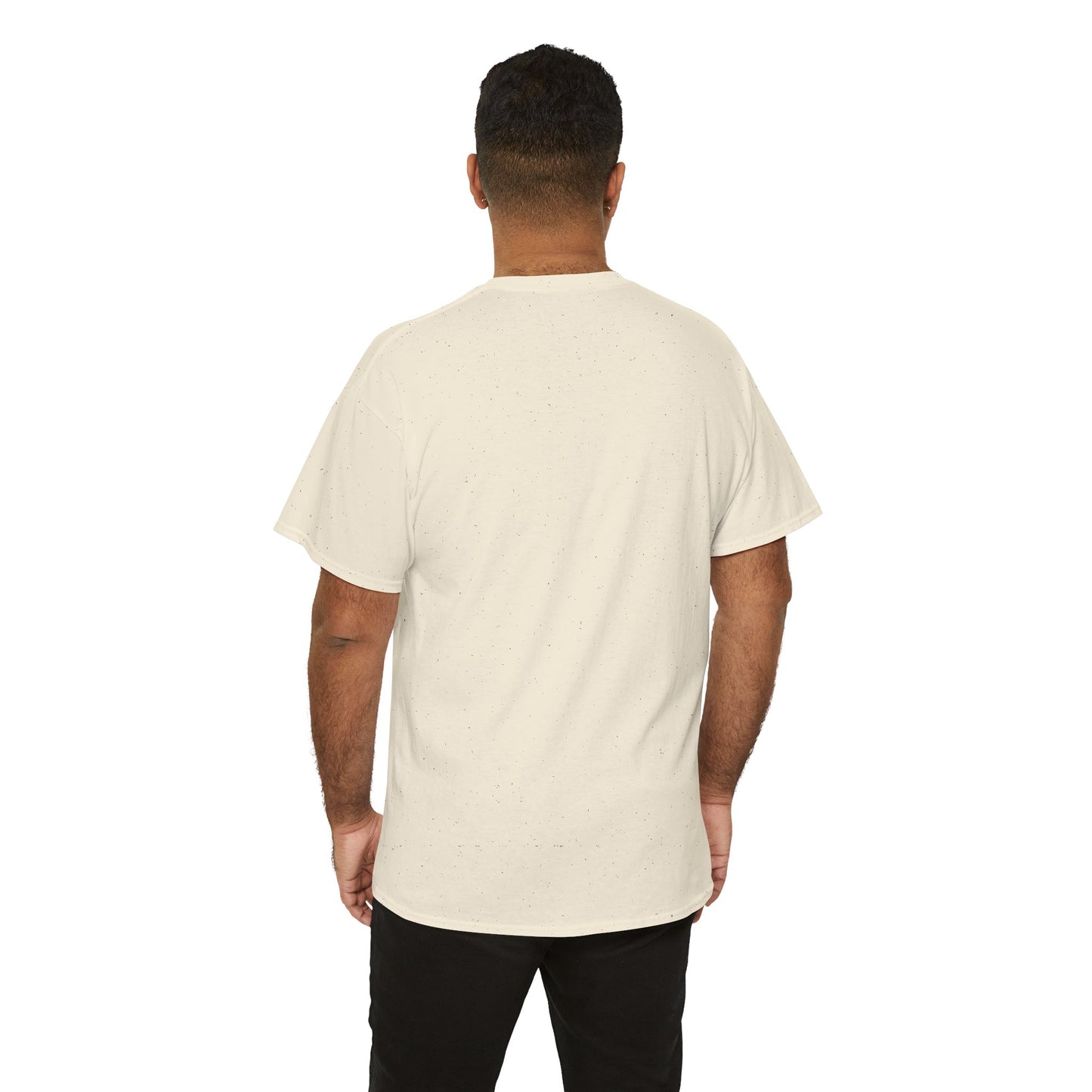 Man wearing a natural/beige heavy cotton t-shirt - back view.
