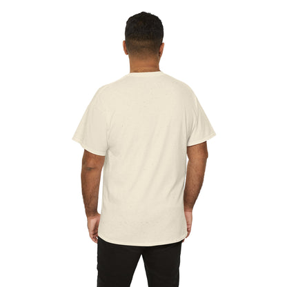 Man wearing a natural/beige heavy cotton t-shirt - back view.