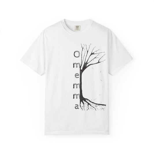 White tshirt adorned with hand-drawn tree, 'Omemma' text and eKuumeArt logo on torso.
