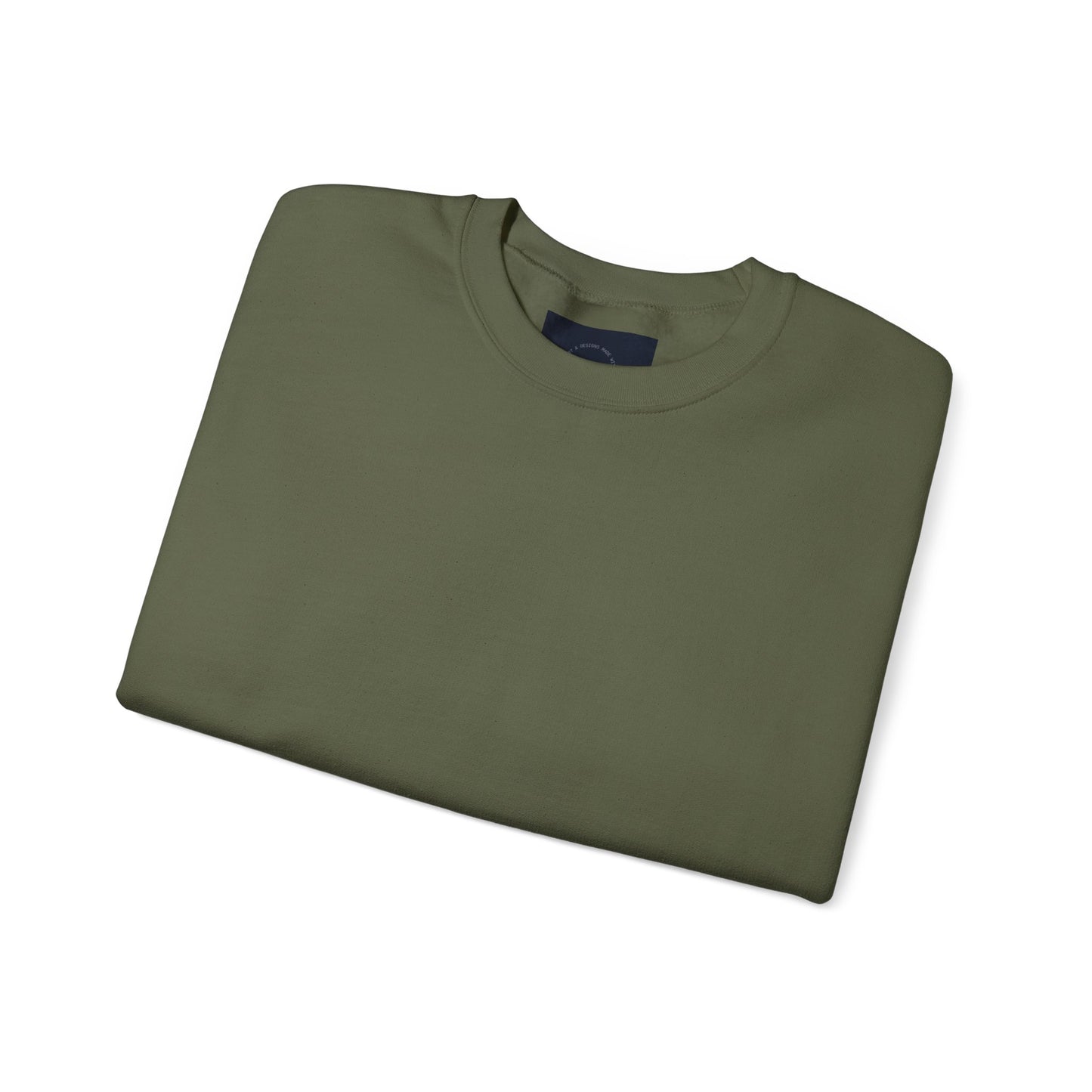 Military Green crewneck sweatshirt, folded with a peek of eKuumeArt label