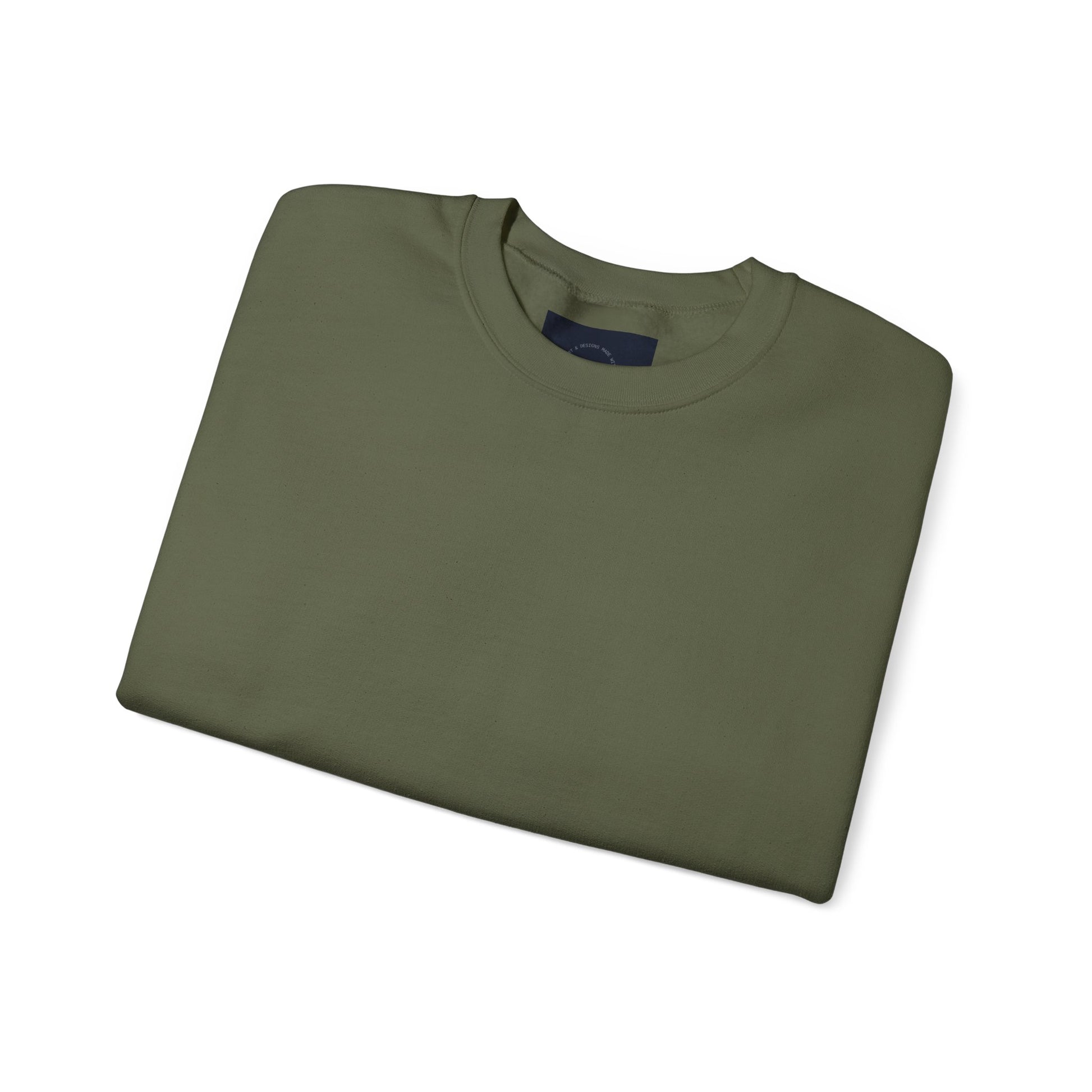 Military Green crewneck sweatshirt, folded with a peek of eKuumeArt label