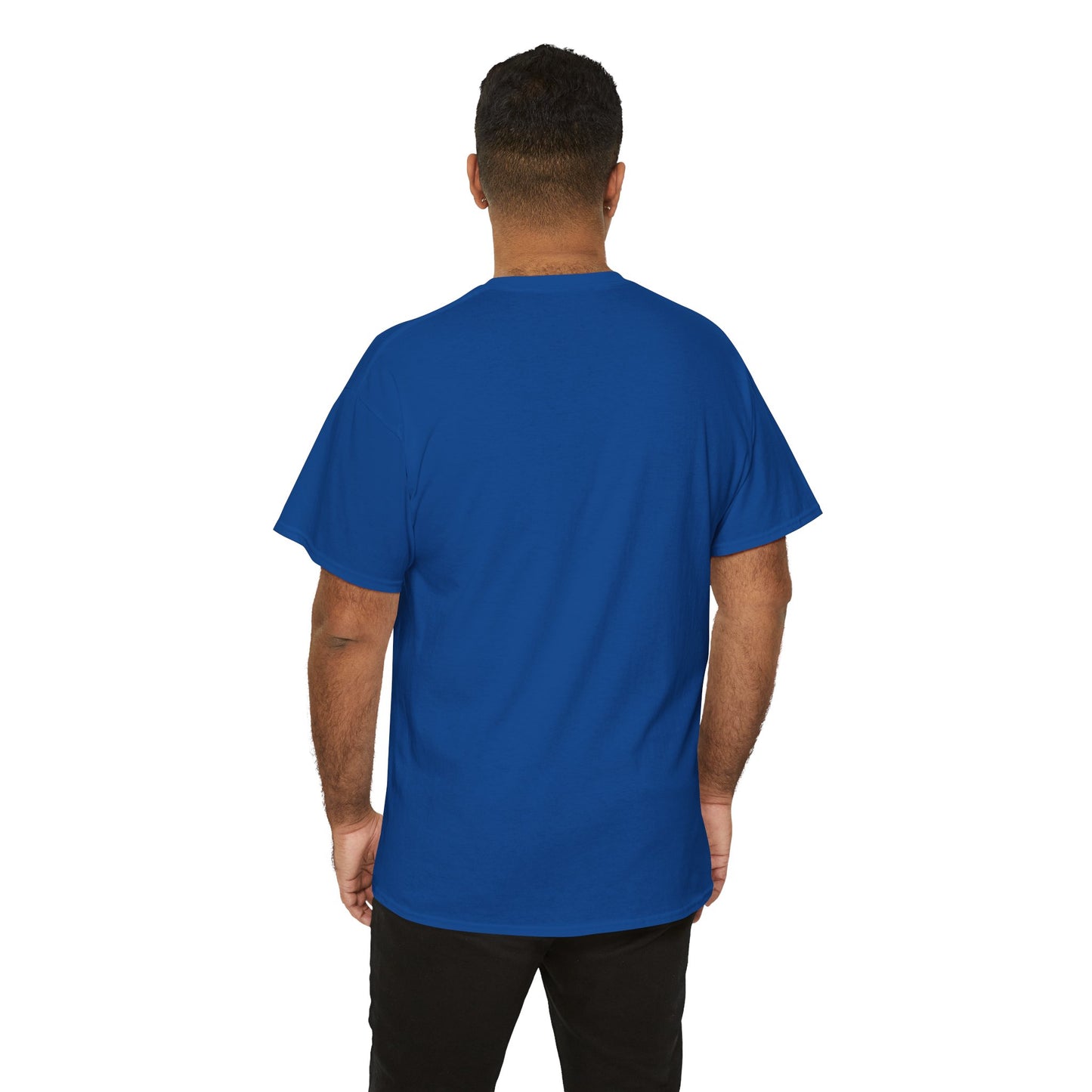 Man wearing a royal blue heavy cotton t-shirt - back view.