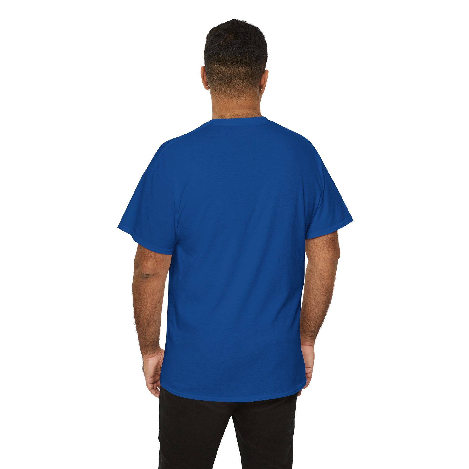 Man wearing a royal blue heavy cotton t-shirt - back view.