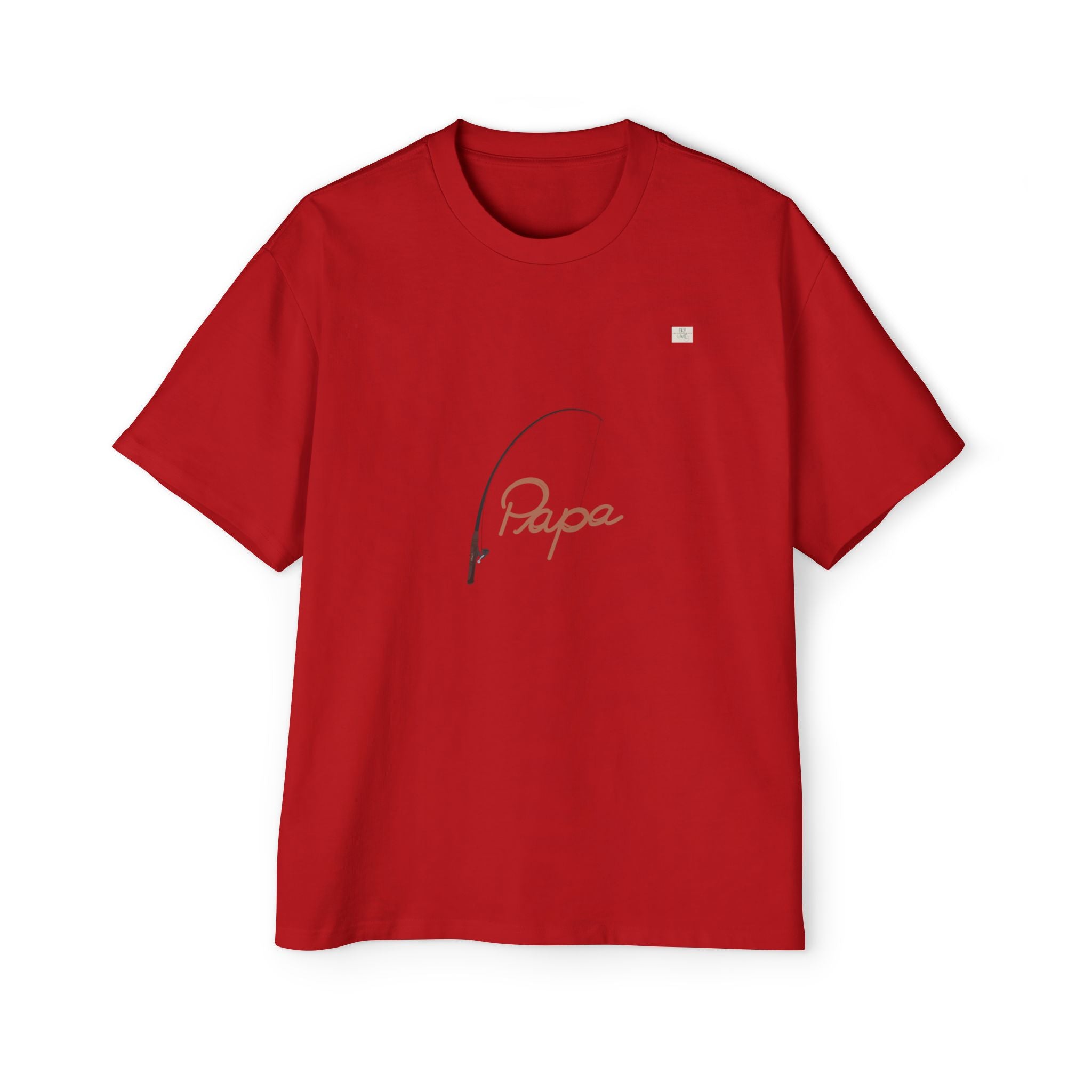 Red oversized t-shirt with hand-drawn 'Papa' and fishing rod art on front | eKuumeArt.