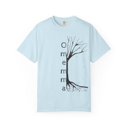 Chambray tshirt adorned with hand-drawn tree, 'Omemma' text and eKuumeArt logo on torso.