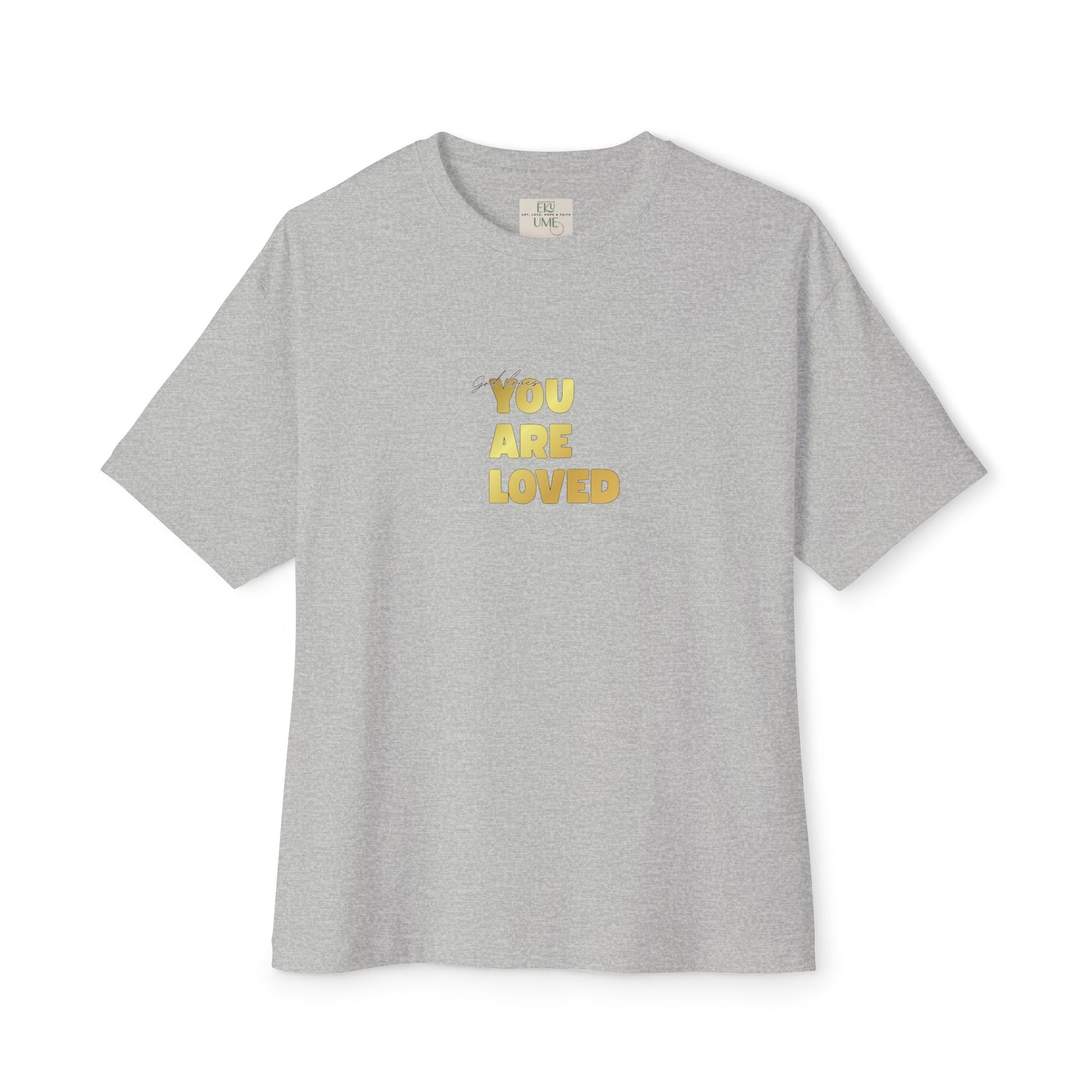 Athletic Heather t-shirt adorned with 'You Are Loved' text in gold and eKuumeArt neck label.