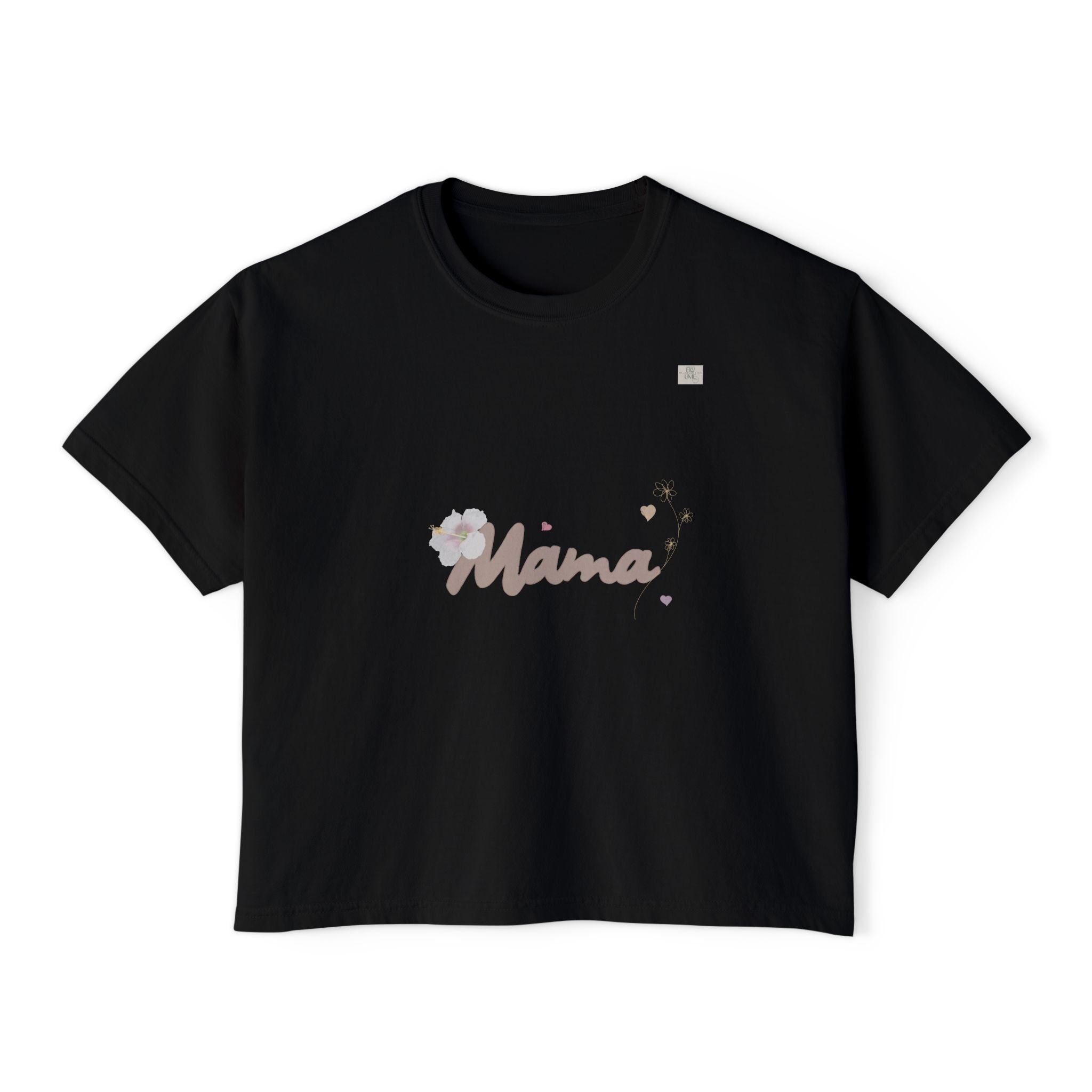 Black oversized boxy women's t-shirt adorned with original 'mama' text art on it | eKuumeArt.