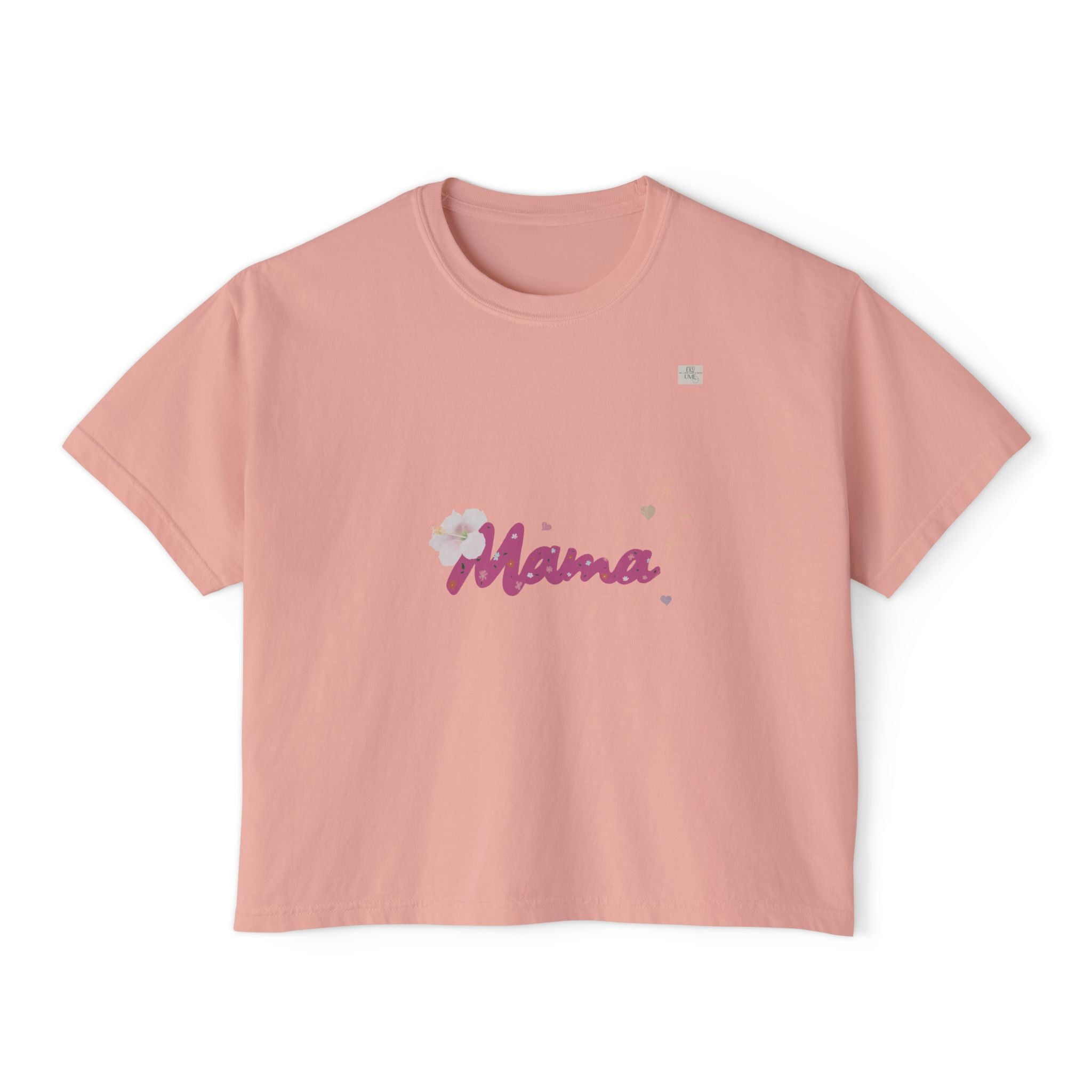 Peachy oversized boxy women's t-shirt adorned with original 'mama' text art on it | eKuumeArt.