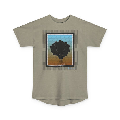 Heather Stone long body urban tee adorned with Afro Nature art, inspirational text, eKuumeArt logo and geometric design.