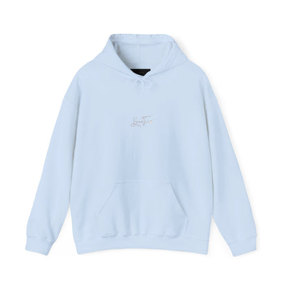 Light Blue hoodie adorned with 'Breathe' handwritten text on chest.