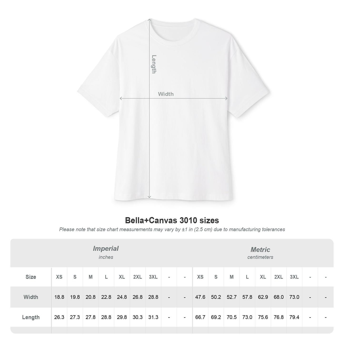 White t-shirt displayed with size guide chart in both inches and centimeters.