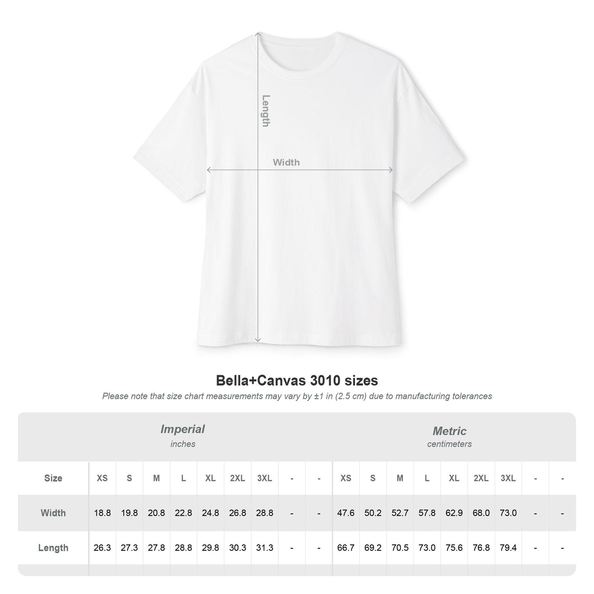 White t-shirt displayed with size guide chart in both inches and centimeters.
