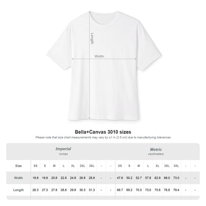White t-shirt displayed with size guide chart in both inches and centimeters.