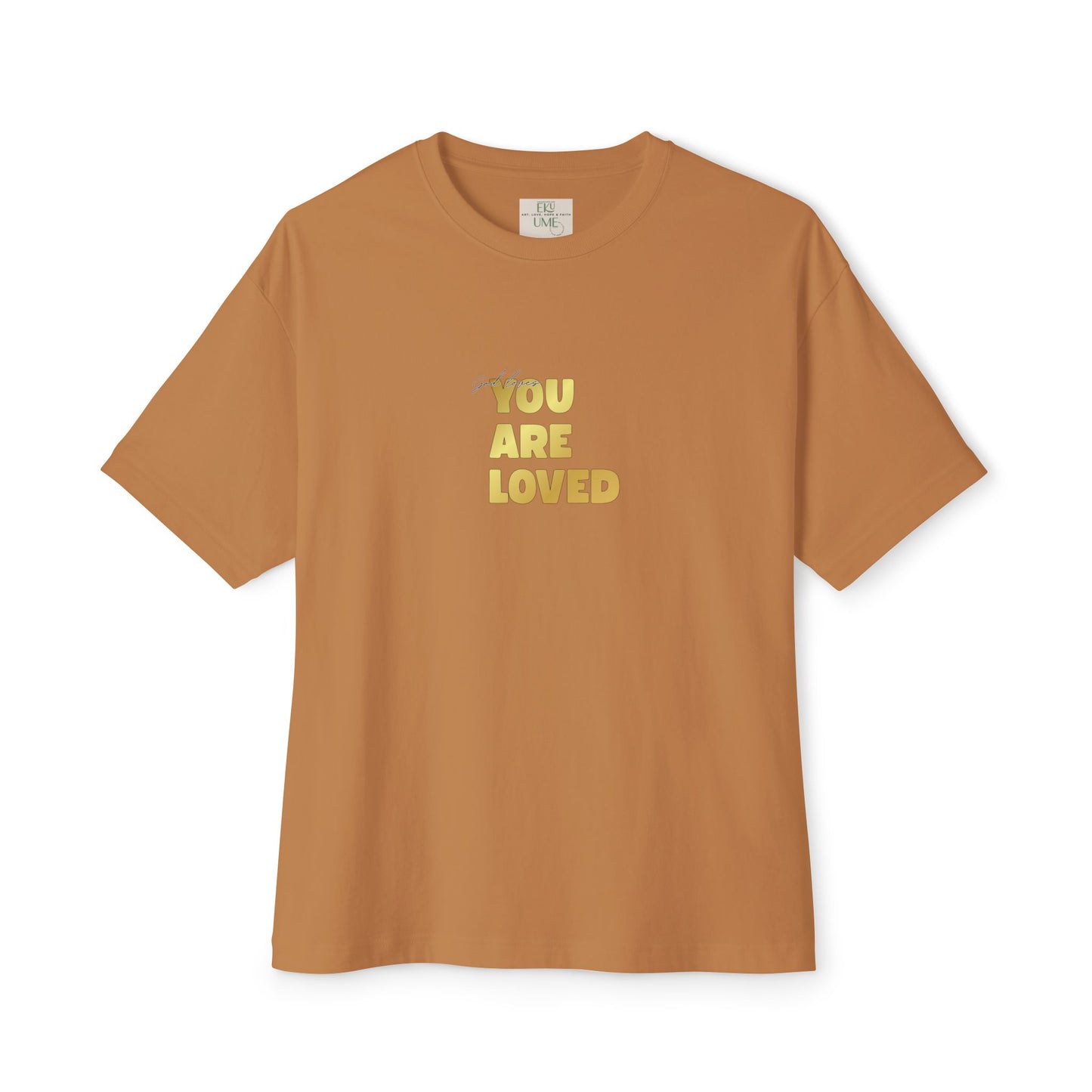 Toast t-shirt adorned with 'You Are Loved' text in gold and eKuumeArt neck label.