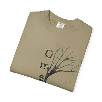 Khaki tshirt, folded displaying hand-drawn tree with 'Omemma' text and eKuumeArt logo on chest.