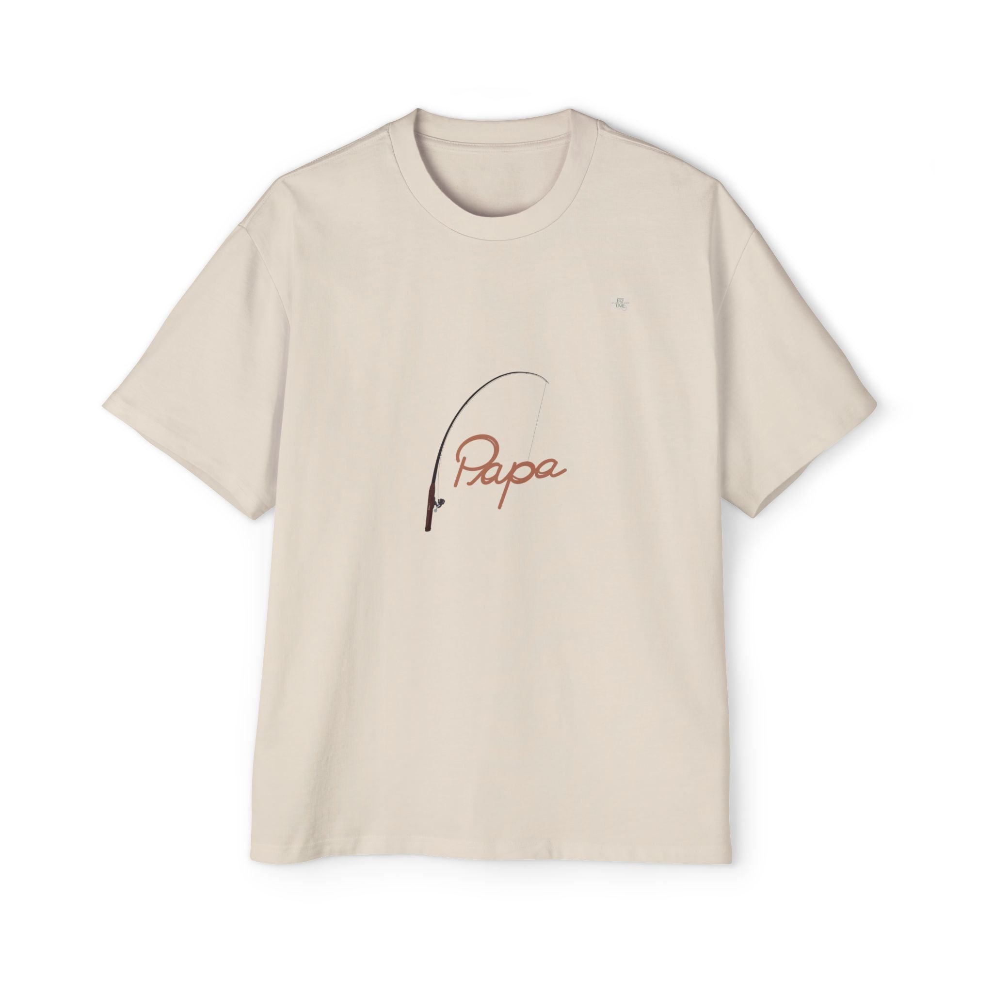 Ecru beige oversized t-shirt with hand-drawn 'Papa' and fishing rod art on front | eKuumeArt.