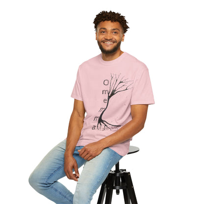 Man seated on stool wearing blossom tshirt with hand-drawn tree, 'Omemma' text and eKuumeArt logo on torso.