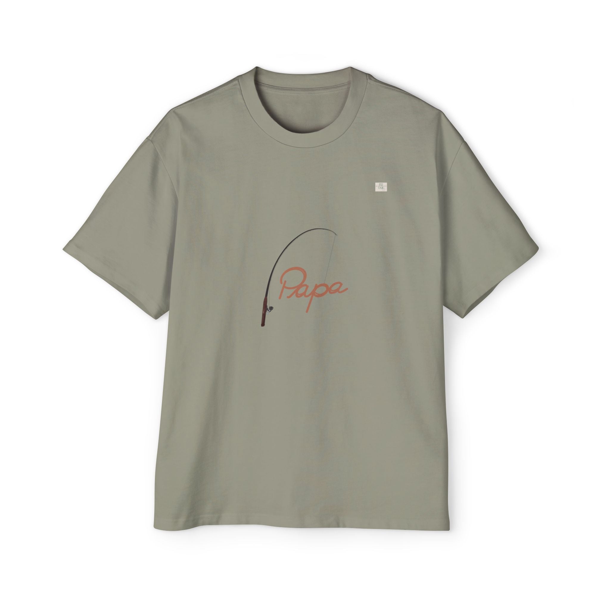 Eucalyptus green oversized t-shirt with hand-drawn 'Papa' and fishing rod art on front | eKuumeArt.