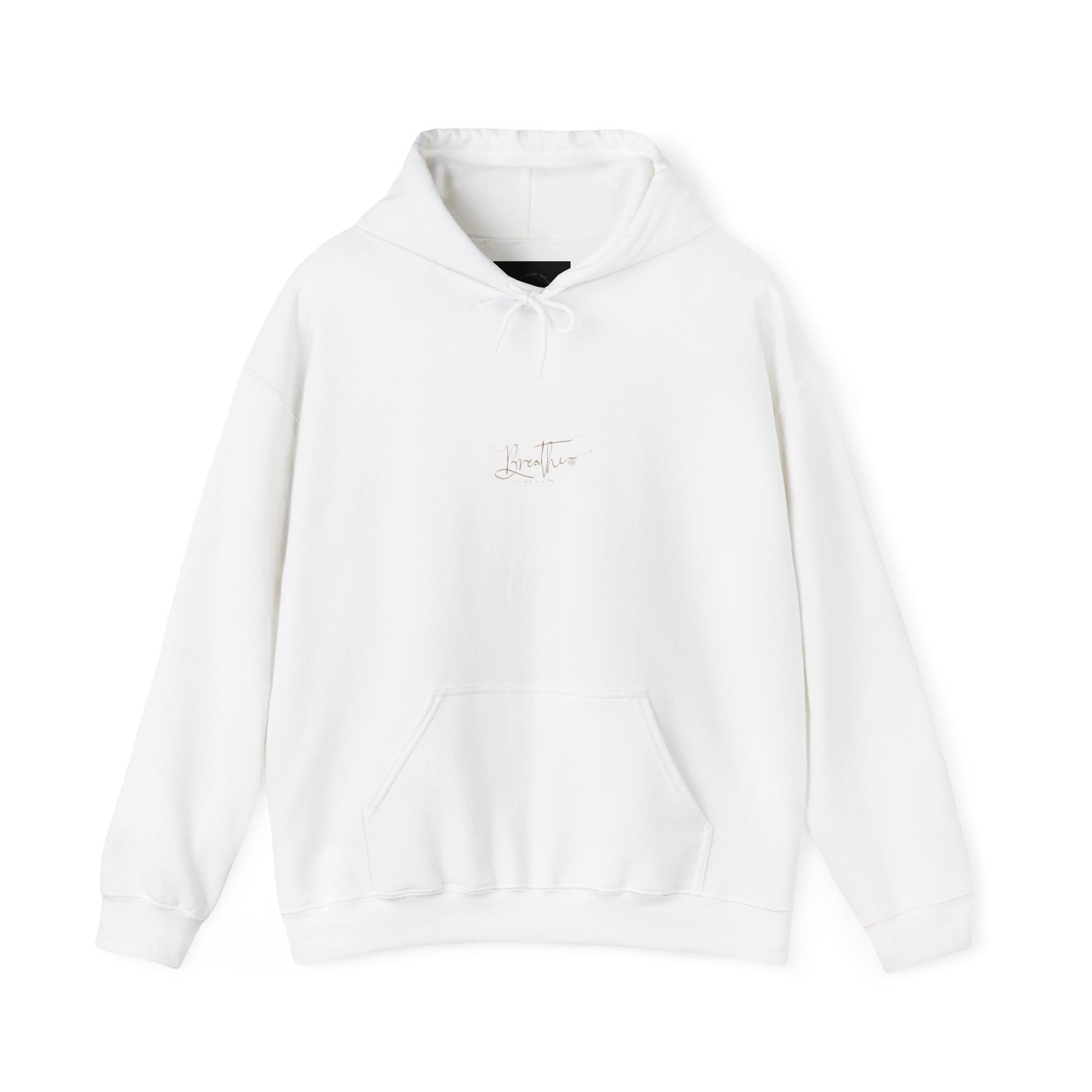 White hoodie adorned with 'Breathe' handwritten text on chest