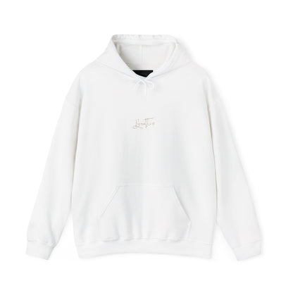 White hoodie adorned with 'Breathe' handwritten text on chest.