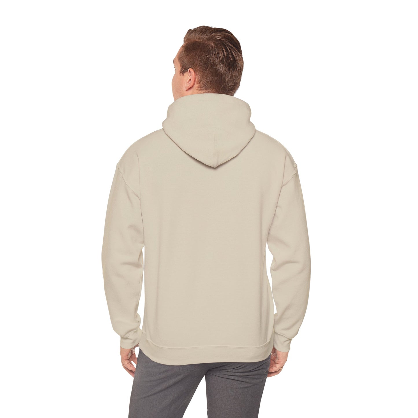 Man wearing sand hoodie - back view