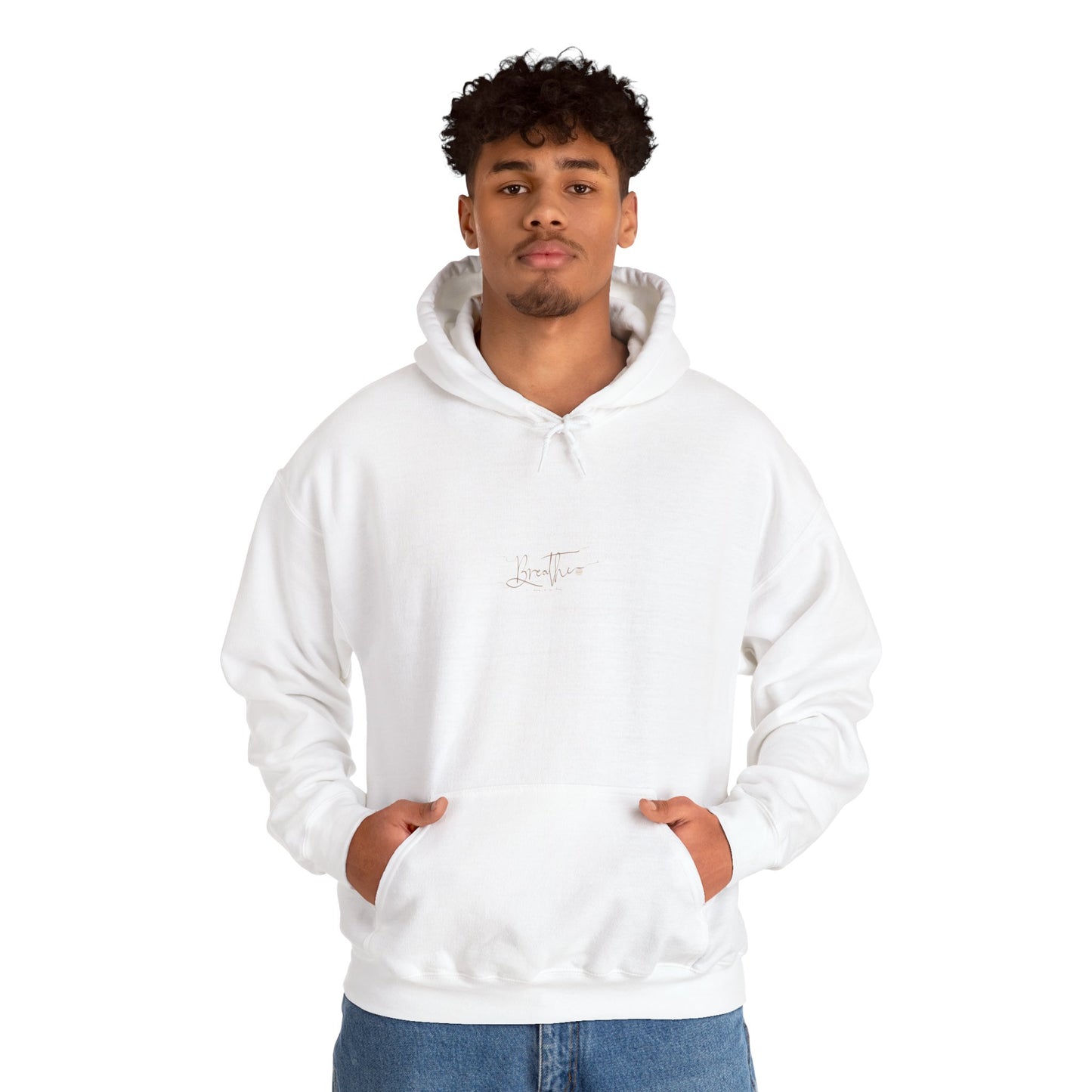 Man wearing white hoodie with 'Breathe' on chest - front view