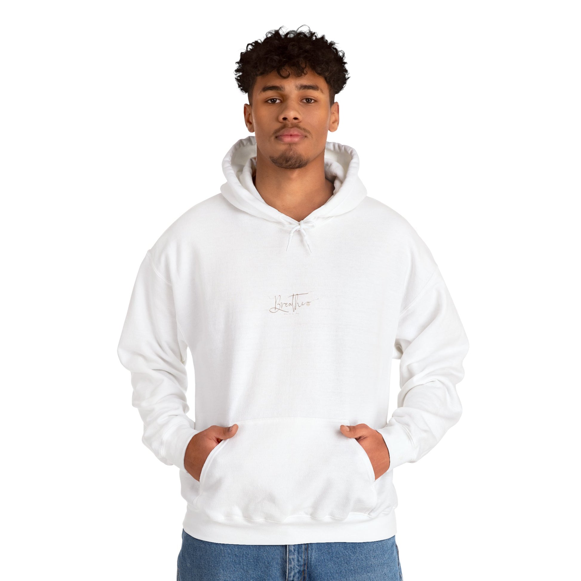 Man wearing white hoodie with 'Breathe' on chest - front view