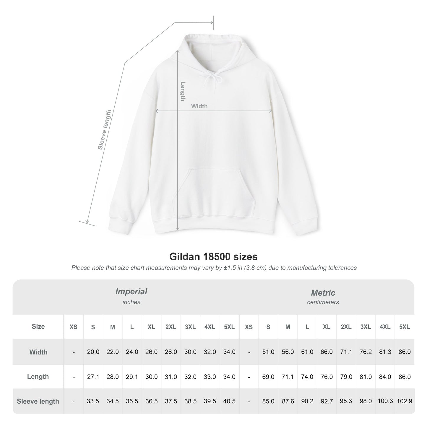 White hoodie with measurement/size chart, which applies to other 7 colour variants (including the deeper colours).