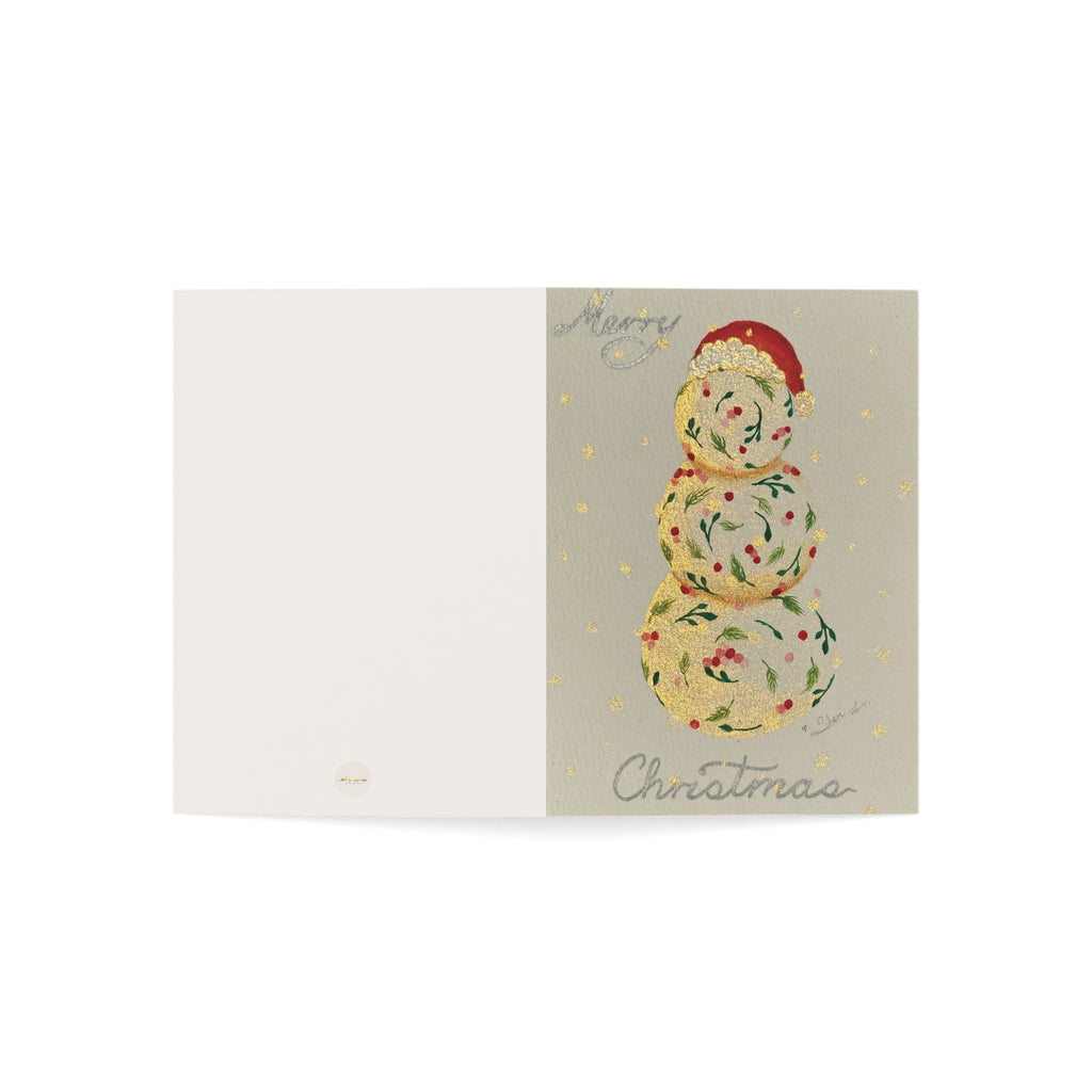 Christmas holiday card adorned with handmade painting of a vintage snowman – 3.5"x4.9" front and back cover | Eku ume Hope | Art.