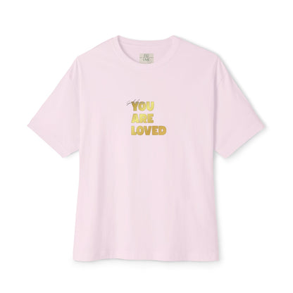 Soft Pink t-shirt adorned with 'You Are Loved' text in gold and eKuumeArt neck label.
