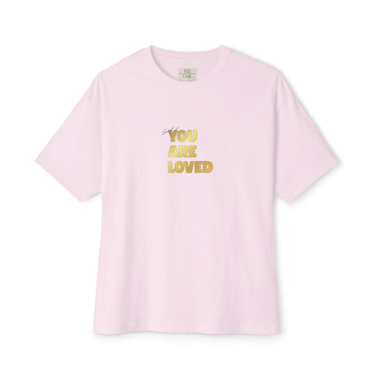 Soft Pink t-shirt adorned with 'You Are Loved' text in gold and eKuumeArt neck label.