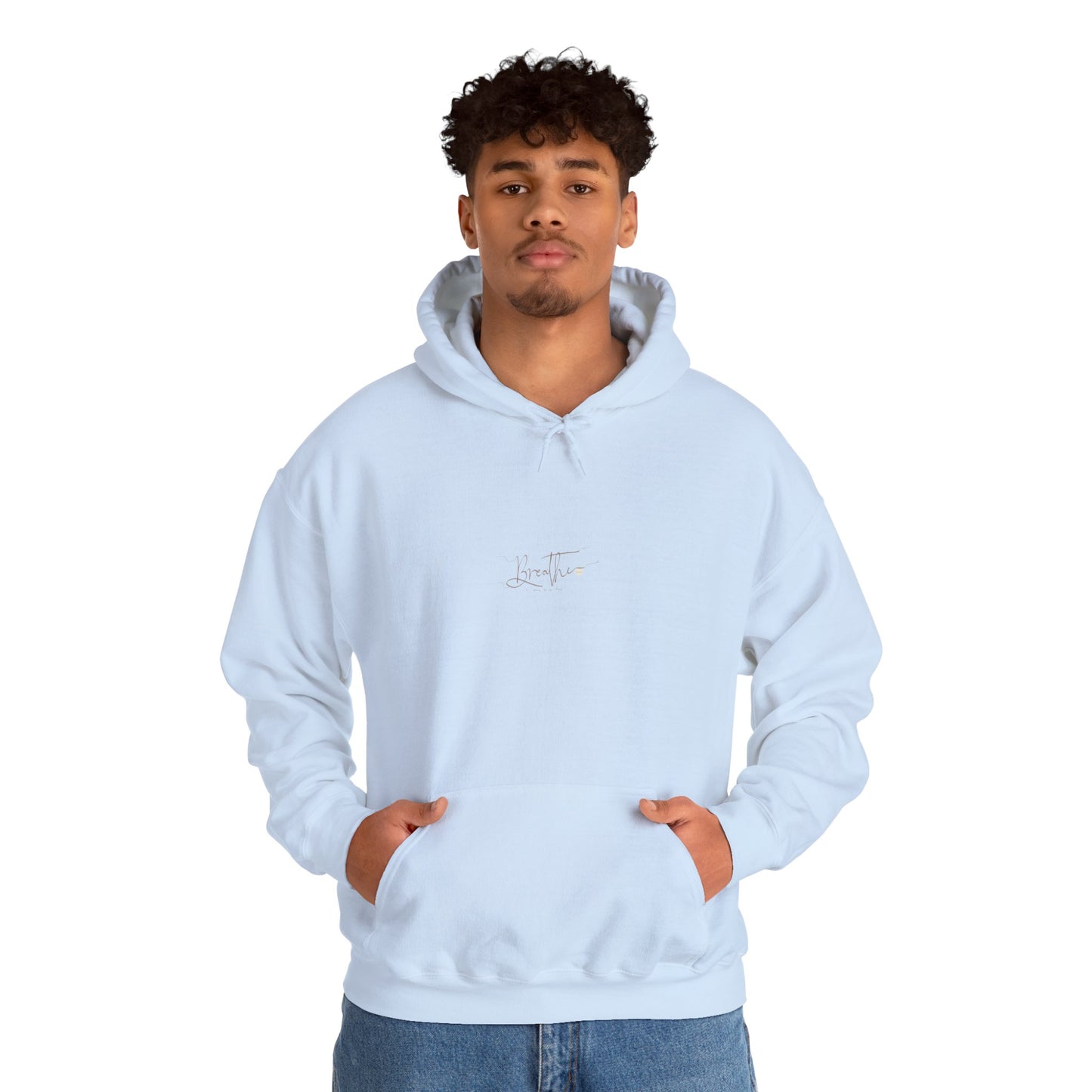 Man wearing light blue hoodie with 'Breathe' on chest - front view
