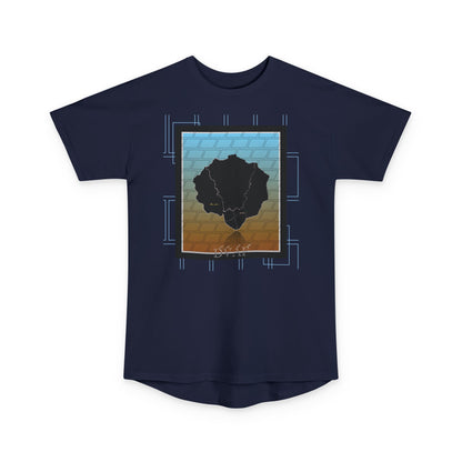 Navy long body urban tee adorned with Afro Nature art, inspirational text, eKuumeArt logo and geometric design.