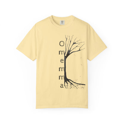 Banana tshirt adorned with hand-drawn tree, 'Omemma' text and eKuumeArt logo on torso.