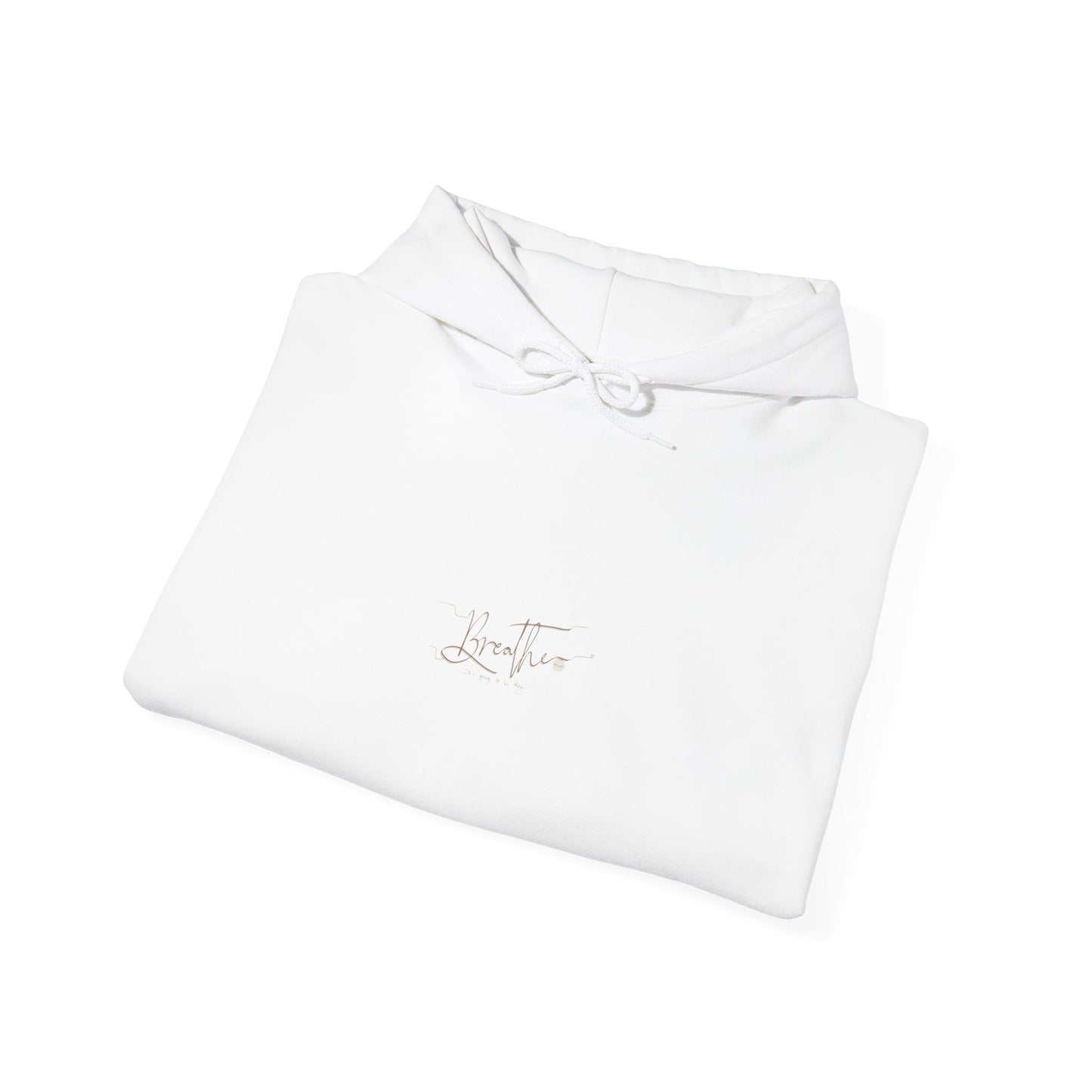 White hoodie, folded displaying 'Breathe' handwritten text on chest